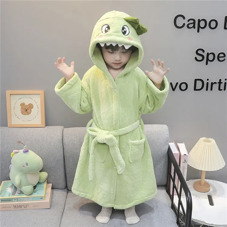 儿童浴袍秋冬季法兰绒男孩宝宝卡通恐龙可穿式浴巾男童珊瑚绒睡袍