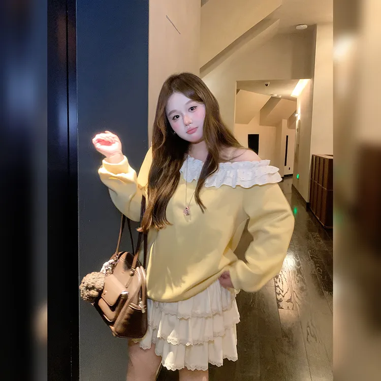 徐达布【痕汀兰卷】大码宽松套头卫衣女秋季黄色上衣R37351C53