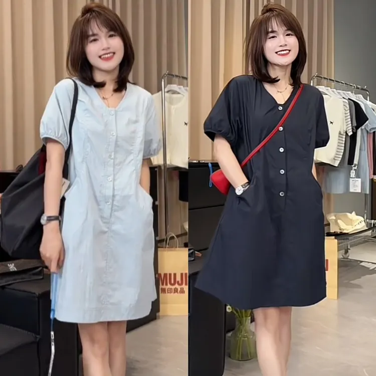 夏季薄款高级感V领短袖衬衫连衣裙女装新款时尚遮肚子显瘦A字短裙