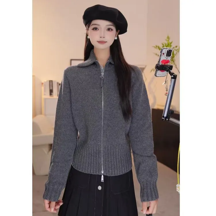 GIRDEAR/哥弟秋冬新款时尚百搭纯色长袖翻领毛针织衫开衫女148040