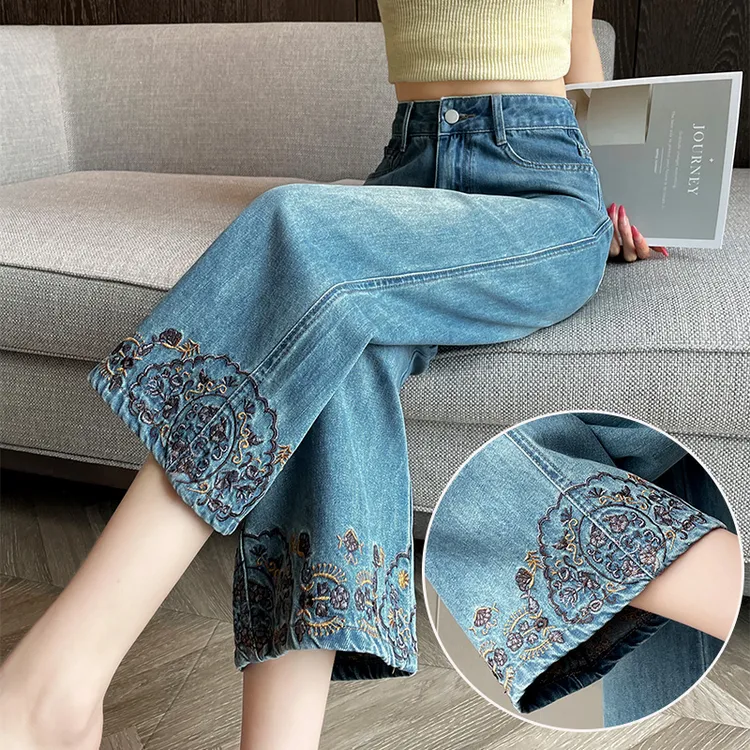 复古刺绣牛仔裤女2025夏薄款小个子八分九分新中式国潮绣花阔腿裤