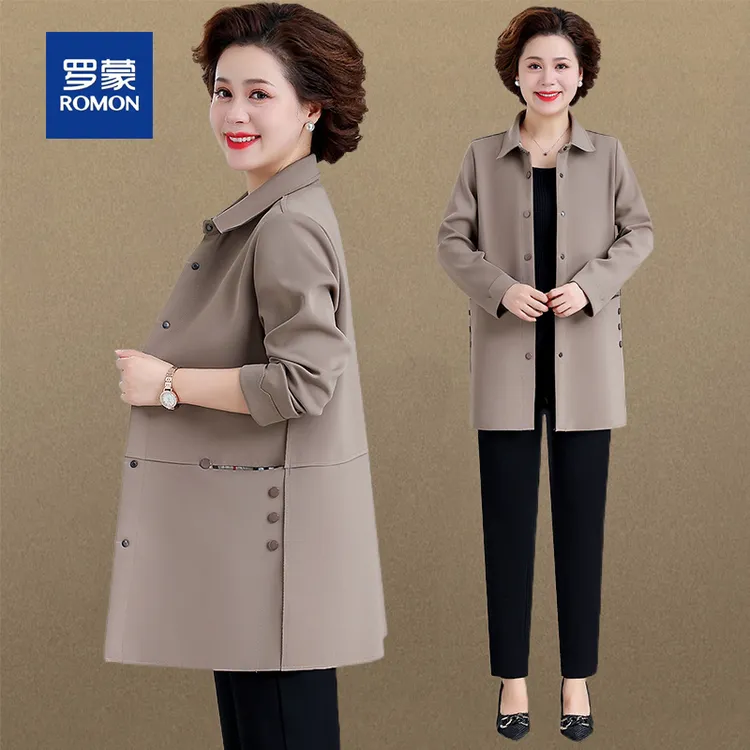 罗蒙中老年人妈妈装外套女春秋季新款洋气宽松中长款风衣薄款上衣