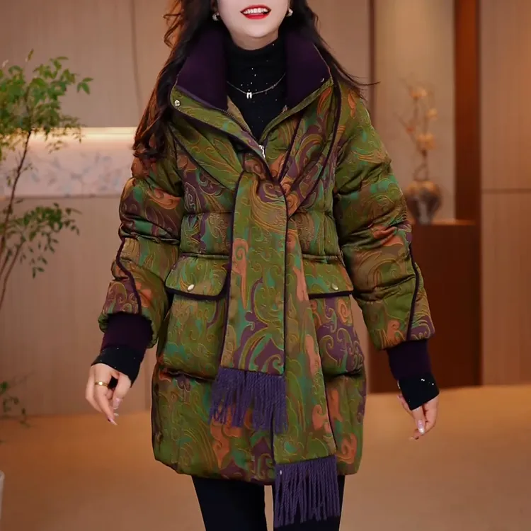 花色可拆卸围巾帽棉服女2025年冬季新款保暖流行中长棉衣棉袄外套