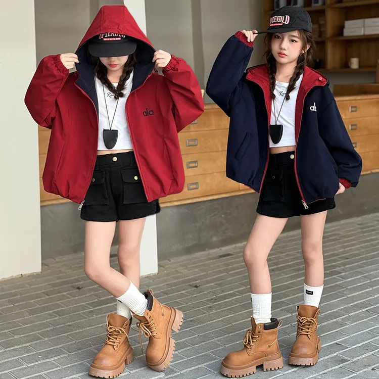 女童秋季常规英文字母连帽条纹普通外套休闲韩版中大童小女孩外套