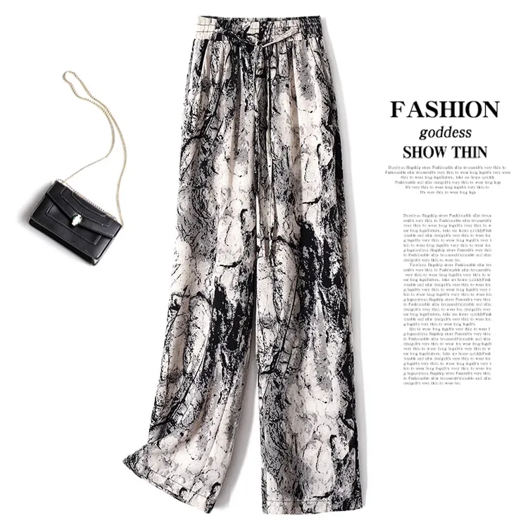 拉夏贝尔夏季薄款直筒裤2025年新款拖地裤新中式国风水墨画阔腿裤