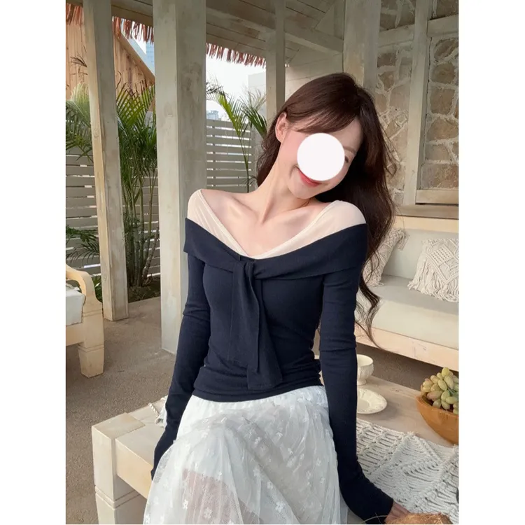2025年修身显瘦打底衫纯色百搭甜美卡其色飘带v领长袖女秋上衣潮