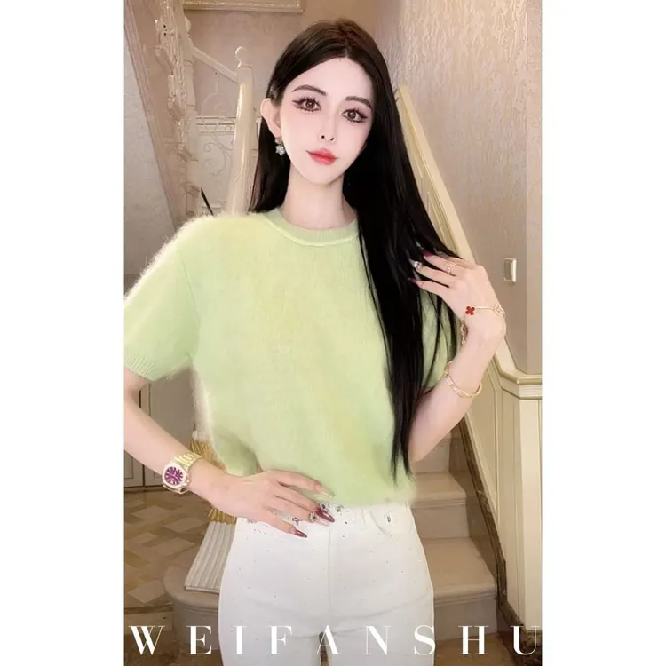 WEIFANSHU/魏凡舒【绒绒爱意】新款气质百搭短袖针织衫拉绒羊毛上衣