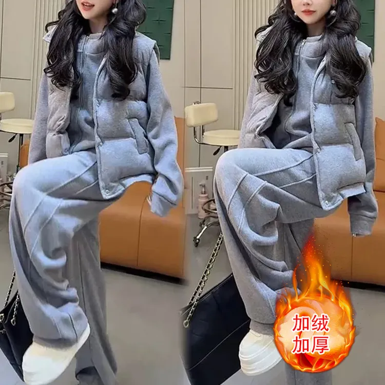 加厚休闲服三件套女2025秋冬新款保暖时尚运动装马甲卫衣卫裤套装