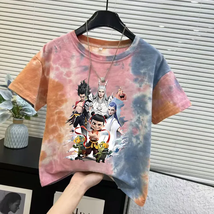 哪吒男童短袖t恤2025夏季新款夏装扎染上衣潮牌中大童装半袖衣服