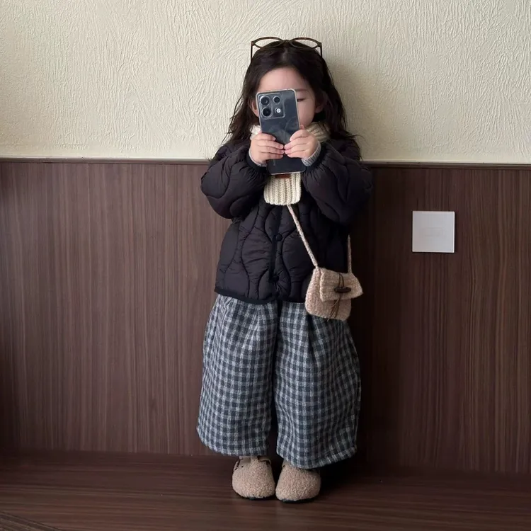 女童套装秋冬新款时尚洋气宝宝保暖加棉马甲棉衣外套格子裤三件套