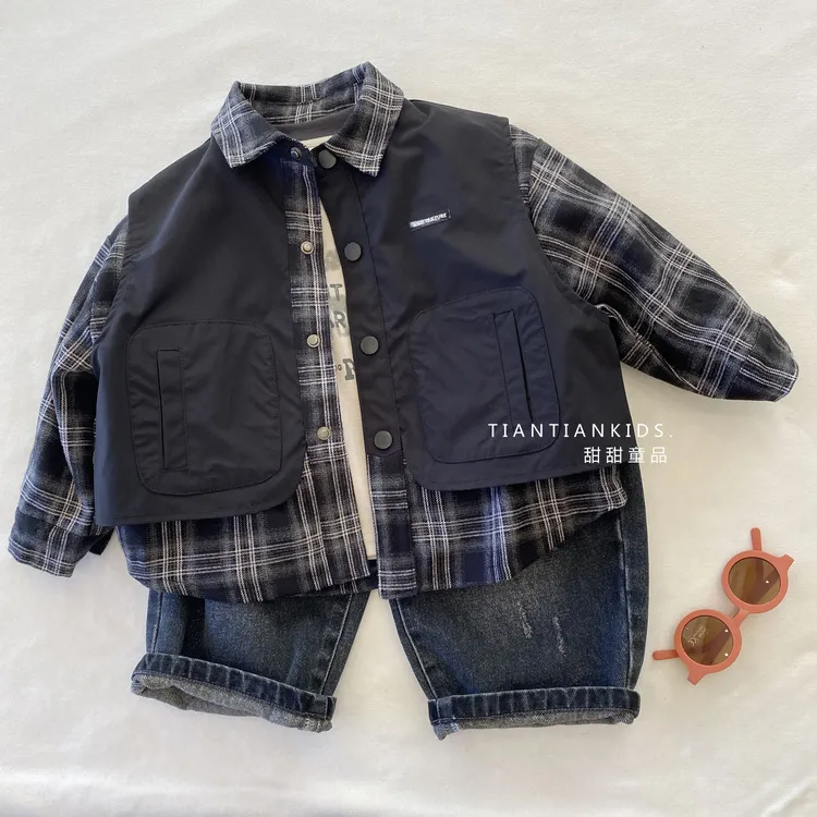 【我是小童】韩版拼接格子衬衫外套男童百搭假两件衬衣外套女童潮