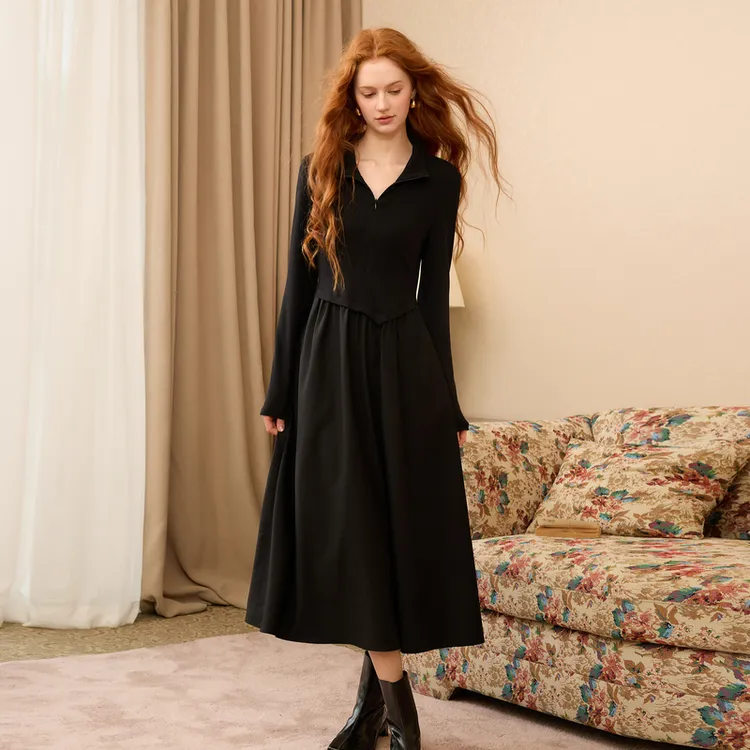 三彩2025冬季新款立领长袖收腰拼接连衣裙A字裙长裙内搭气质简约S