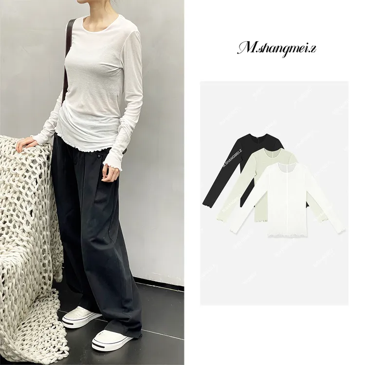 M.SHANGMEI.Z/沐熙【裱花T】美大哥轻薄简约波浪边长袖上衣X012054