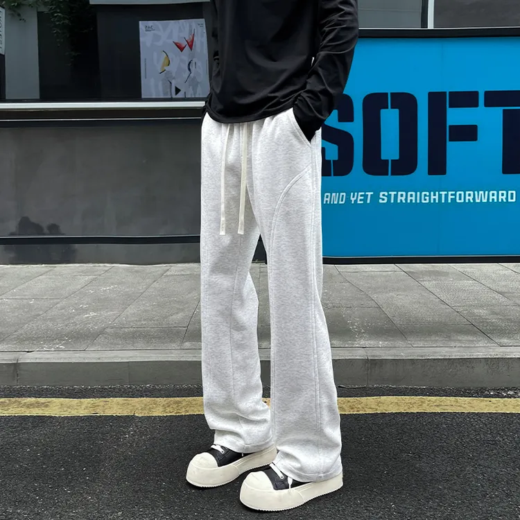 浅灰色运动卫裤男款春秋季2025新款美式重磅斜切宽松直筒休闲长裤