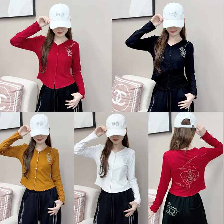 纤伽【高品质/玫瑰闪钻】新品玫瑰烫钻开衫辣妹长袖修身上衣秋冬