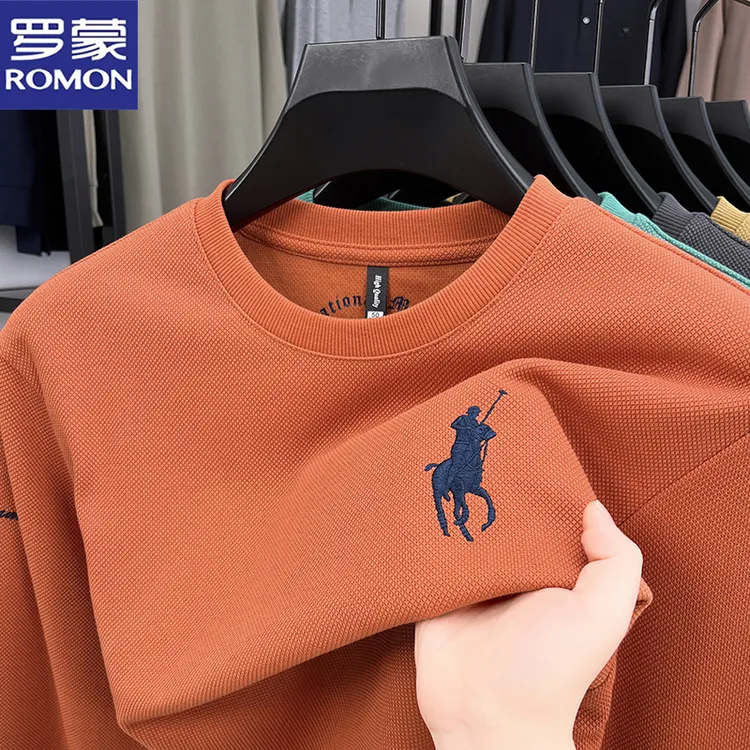 罗蒙男士长袖时尚绣花卫衣宽松舒适青年T恤休闲百搭圆领短袖男t恤