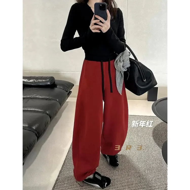 高级感撞色腰抽绳弯刀阔腿裤女冬季加绒加厚宽松显瘦遮肉百搭长裤