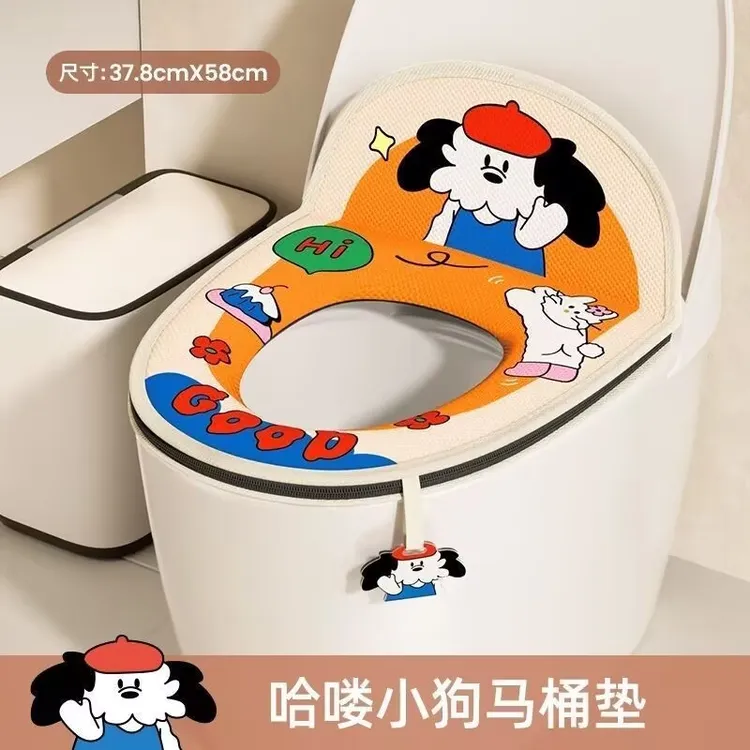 卡通冰丝感马桶垫夏季靠背立体外套式背面防水防污通用可爱提手款
