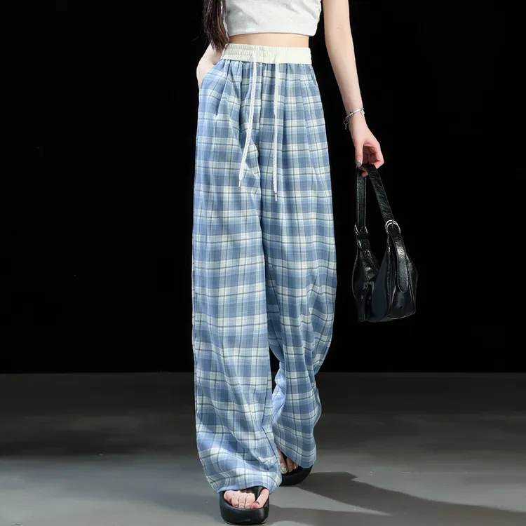 高腰冰丝阔腿裤女2025新款夏季薄款多巴胺蓝色格子裤女宽松直筒裤