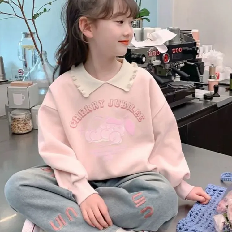 【热卖款】女童秋季卫衣洋气花边童装女孩衣服中大童polo领春秋上衣