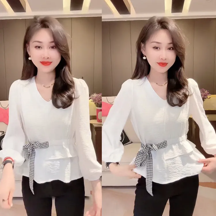 网红爆款时尚减龄修身显瘦衬衫女洋气百搭蝴蝶结设计V领上衣女
