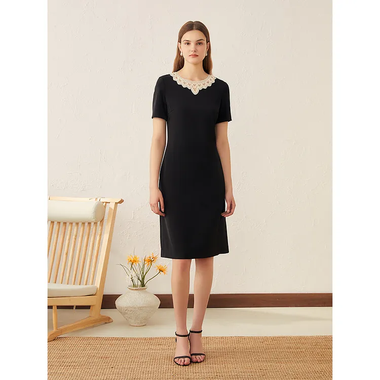 YINER音儿专选2025夏季新款法式撞色刺绣蕾丝领连衣裙8C65205896