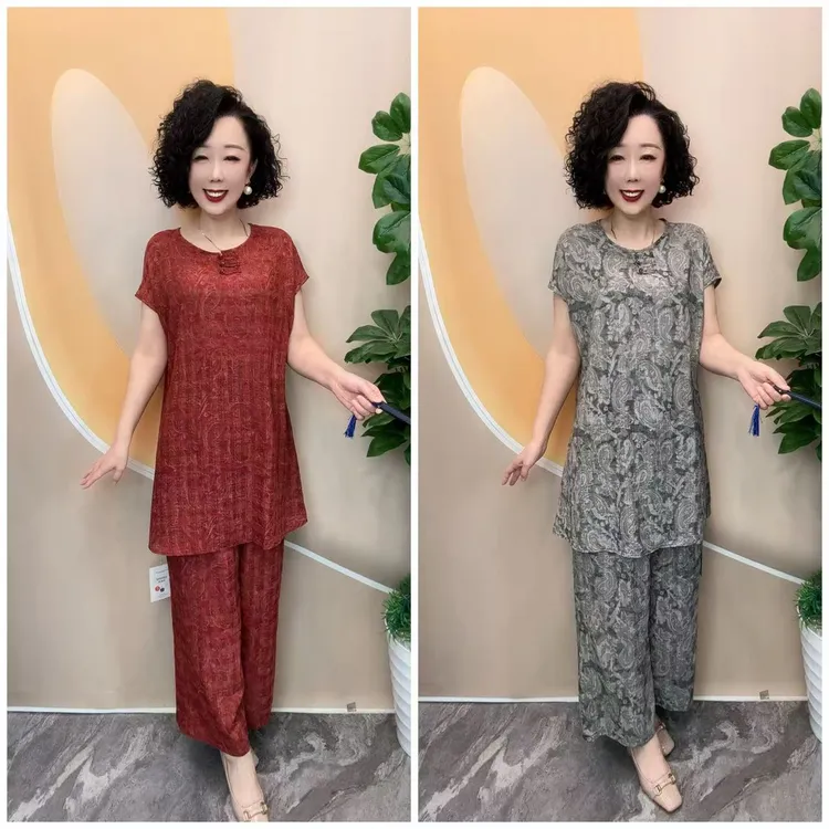 2525夏新款暗花时尚优雅气质休闲大码宽松显瘦套裤（上衣➕裤）