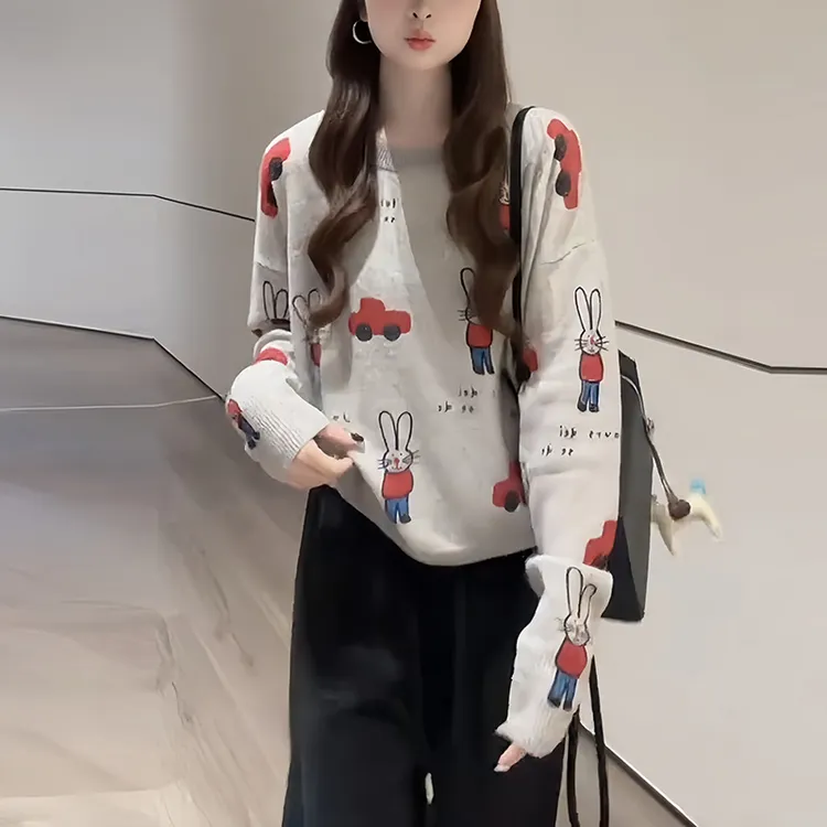 个性秋装印花时尚针织衫2025新款日常休闲风女装慵懒潮流宽松上衣