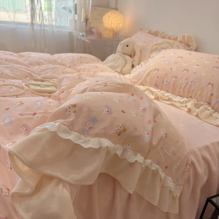 A面全棉B面牛奶绒床上四件套2025新款花边加厚被套床单床裙三件套