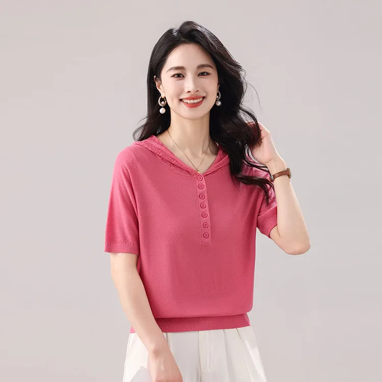 【香嘉怡新品】XJYE9923女士桑蚕丝+莱赛尔气质帽衫多扣款夏季