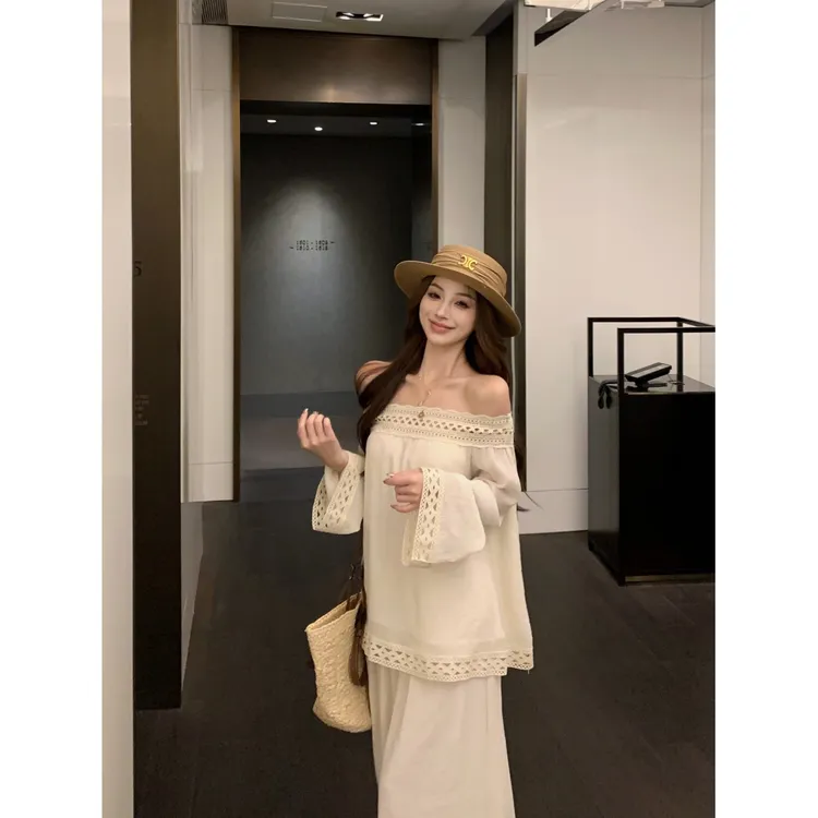 轻奢定染刺绣高品质镂空花边一字肩宽松上衣休闲阔腿裤套装网红款
