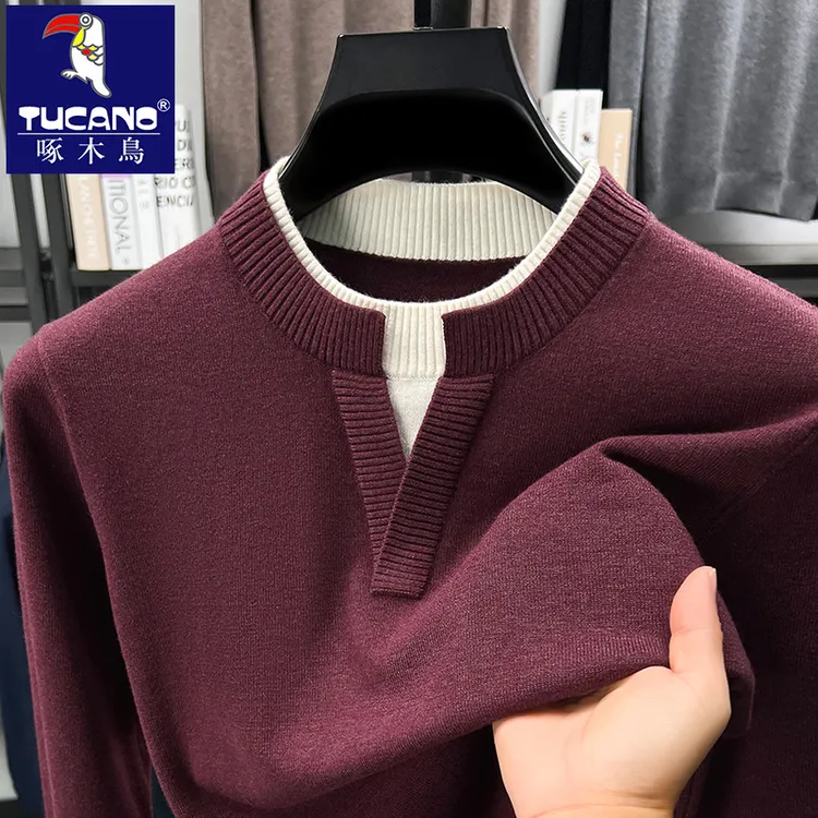 啄木鸟男士秋冬高端百搭假两件毛衣商务轻奢打底衫舒适保暖针织衫