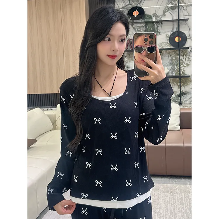 女士棉质春秋季2025新款爆款卡通圆领睡衣长袖两件套装舒适家居服