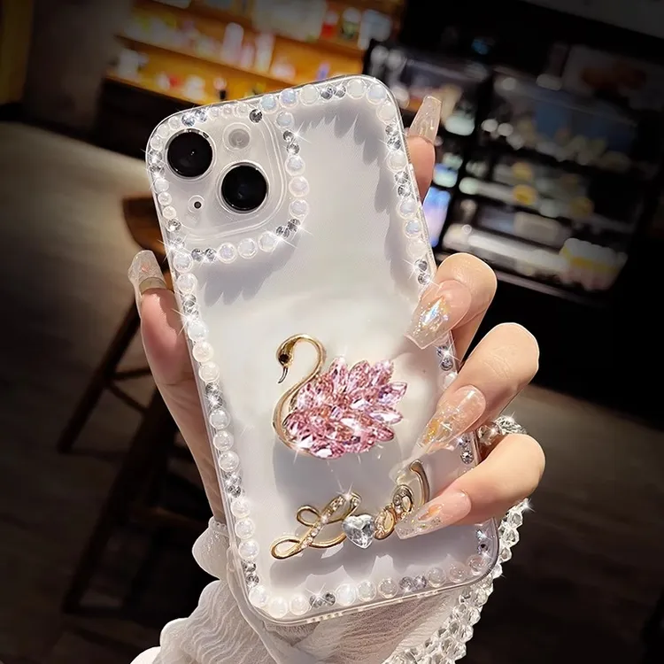 珍珠闪钻天鹅适用苹果13promax手机壳14挂绳iPhone15透明16创意12