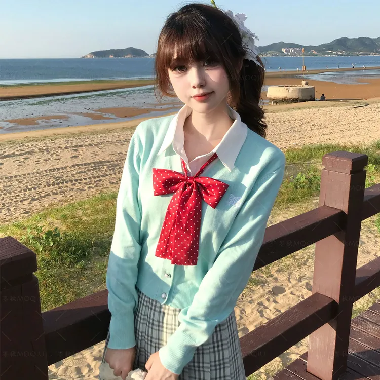 墨秋JK制服原创织礼收腰蝴蝶结针织开衫日系学院风长袖毛衣外套女