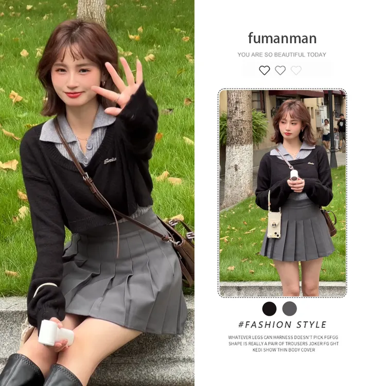秋季学院风套装女2025新款复古减龄毛衣针织打底衫搭百褶裙三件套