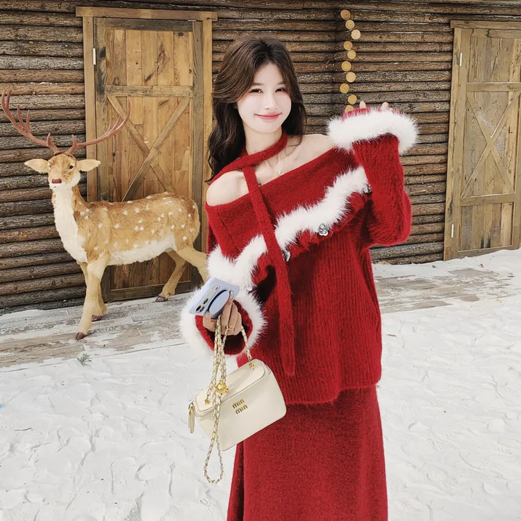新年红气质一字肩针织毛衣半身裙两件套女冬今年新款独特绝美搭配