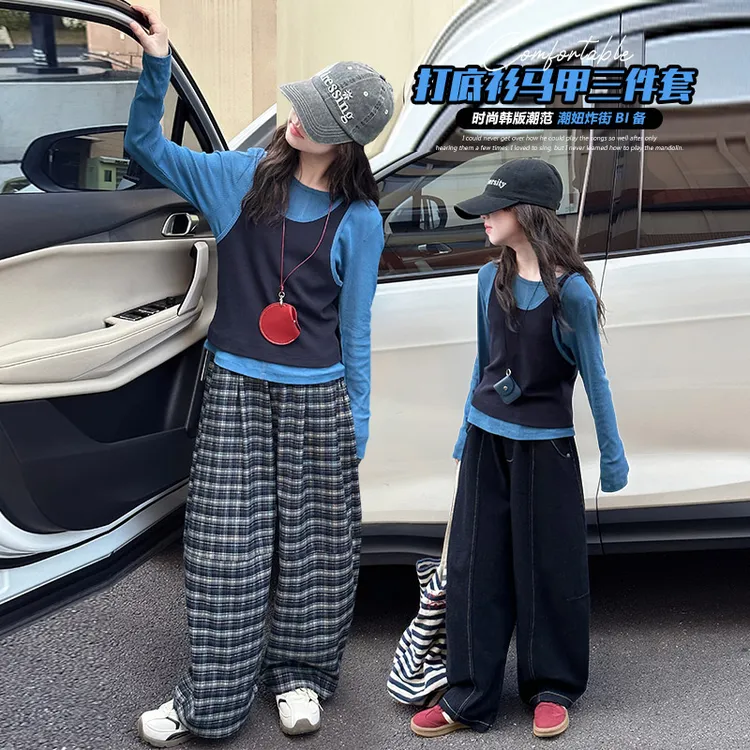 女童秋装格子裤马甲套装2025新款韩版中大童洋气马甲打底衫三件套