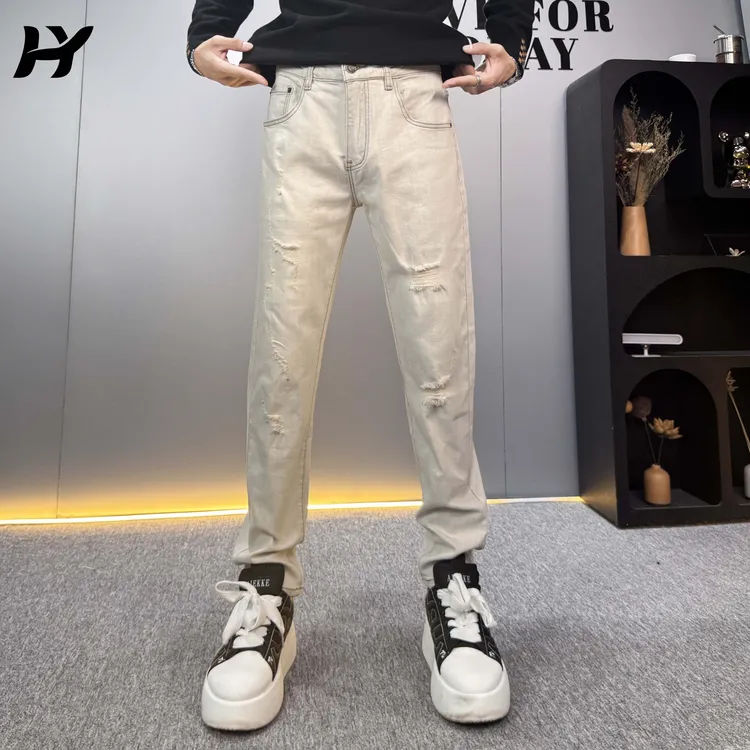 2025秋季新款雾隐灰牛仔裤男潮流百搭破洞时尚个性休闲长裤男款