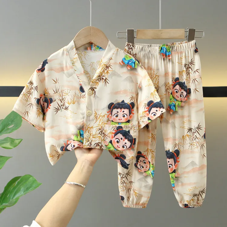透气儿童棉绸睡衣男女童短袖长裤空调服薄款宝宝绵绸3D家居服套装