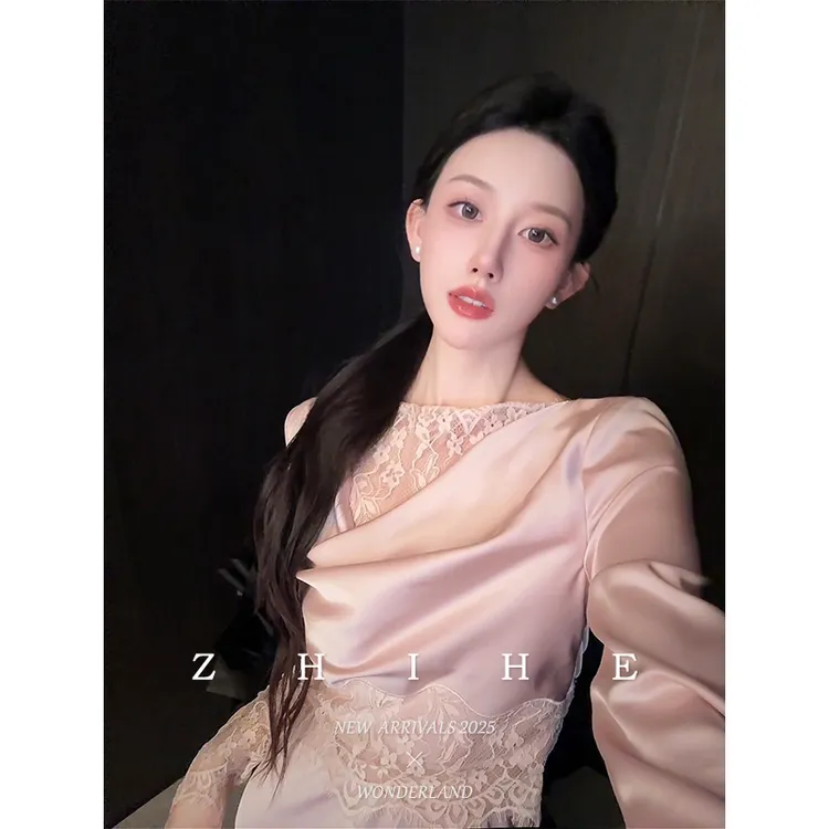 无艳一禾【花漾爱神】原创法式优雅缎面拼蕾丝上衣+半裙