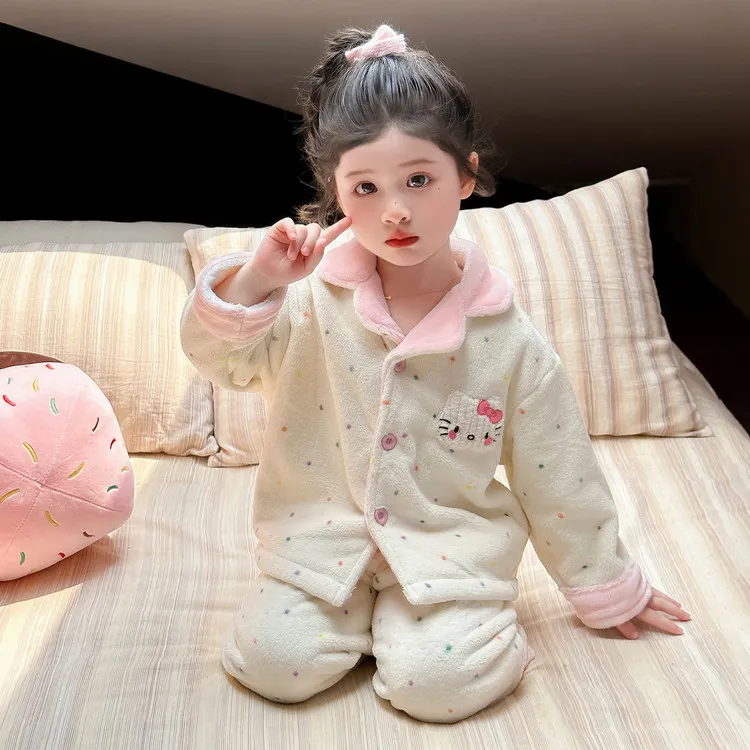 女童冬款睡衣法兰绒女孩宝宝秋冬季加绒加厚儿童珊瑚绒家居服套装