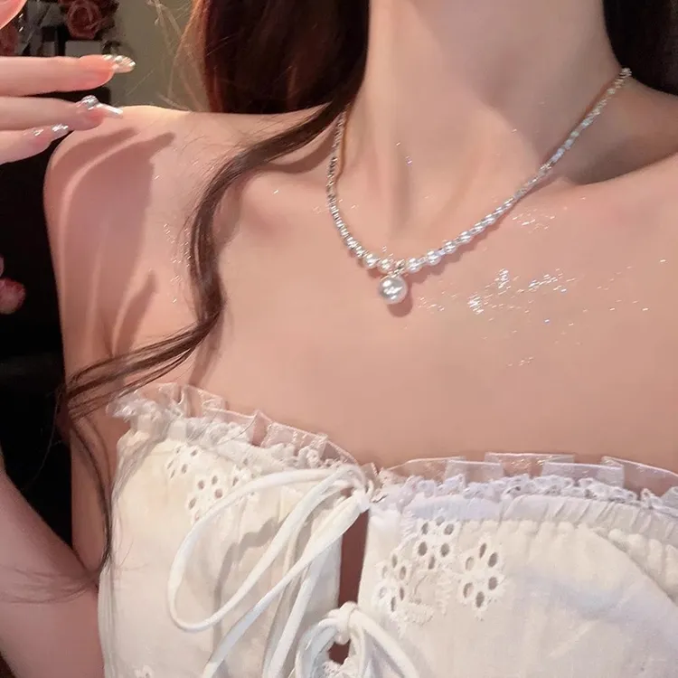 合金项链 浪漫名媛风~碎银形珍珠项链女轻奢小众高级感锁骨链颈链