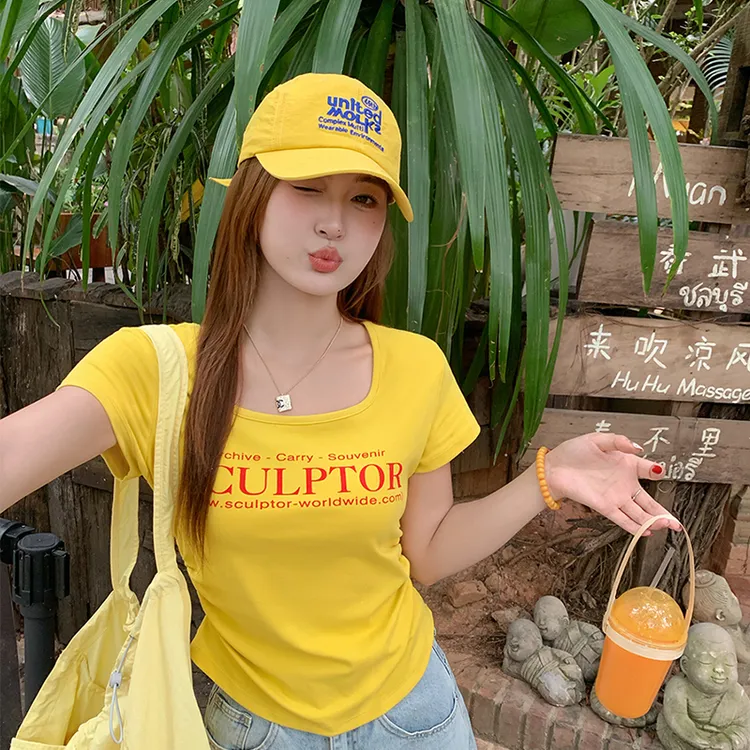 美式黄色方领短袖T恤女2025夏季超火流行新款独特漂亮上衣