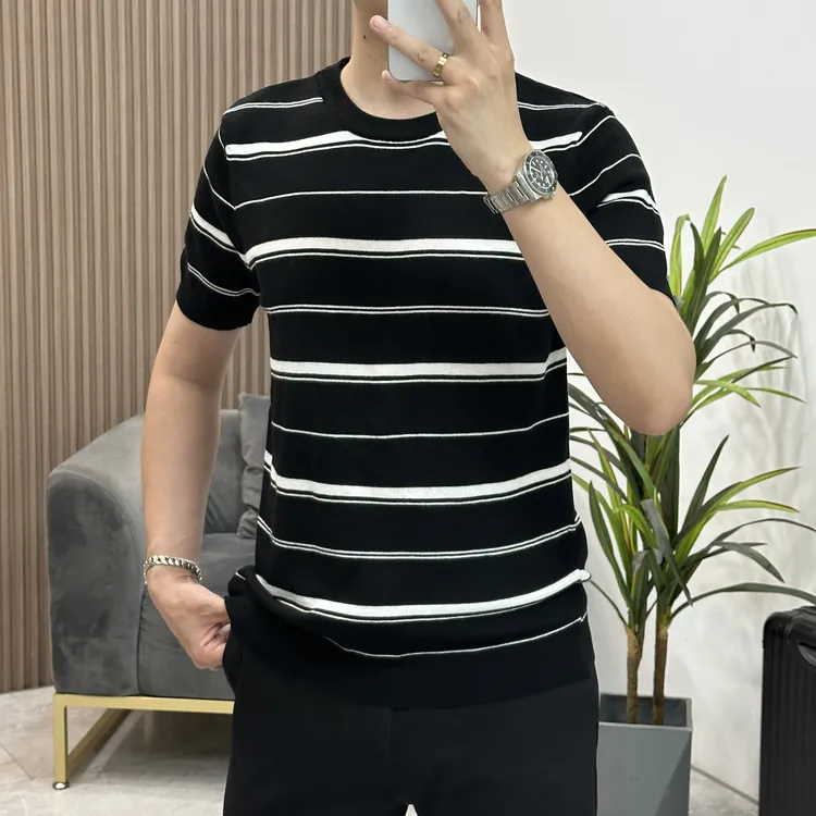 男士高品质轻奢圆领短袖针织上衣2025夏季薄款条纹商务休闲半袖t