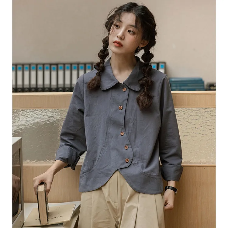 宽松显瘦设计感衬衫上衣女2025早秋款Polo领长袖开衫衬衣