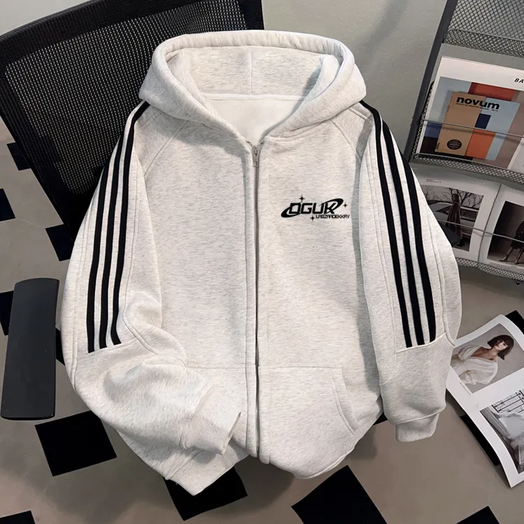 jtrt潮牌美式宽松开衫拉链连帽卫衣男女秋冬字母印花运动条纹外套