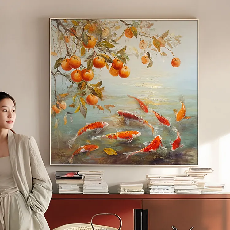《事事如意》手绘油画柿子九鱼图餐厅装饰画入户对门玄关茶室挂画