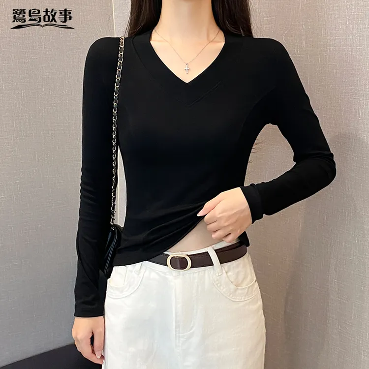 鹭岛故事黑色宽V领鱼骨长袖t恤女春秋正肩修身百搭打底衫低领上衣