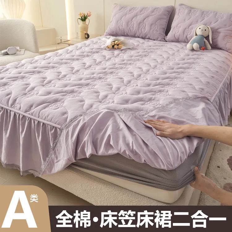 100%纯棉夹棉床笠床裙二合一全棉加厚床垫保护套带裙边床套花边款